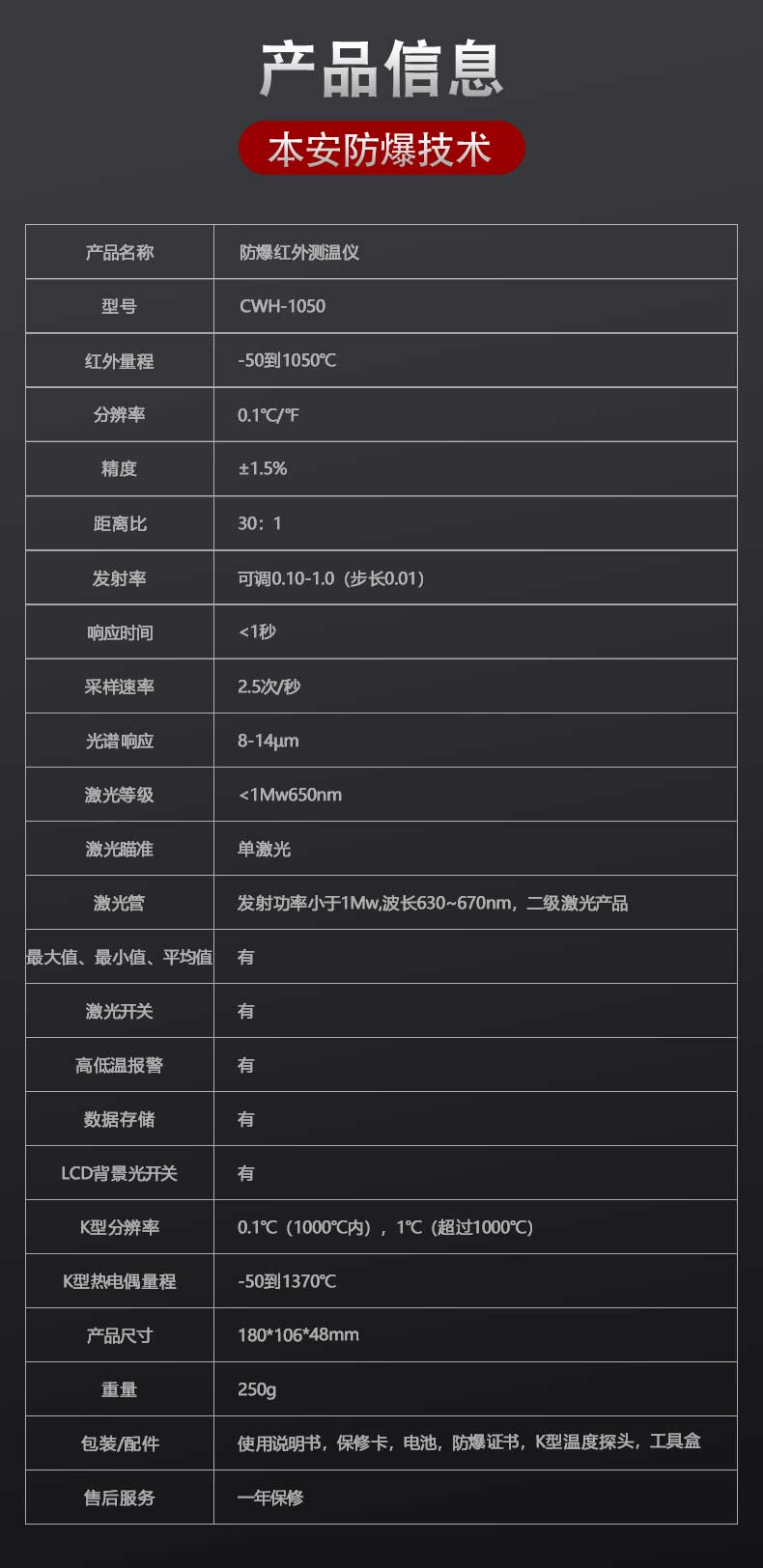 防爆测温仪CWH-1050详细参数